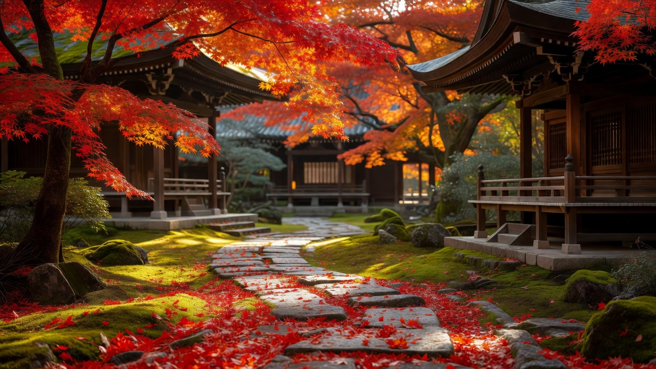 日本秋日古寺庭园中红黄相间的枫叶，阳光透过枝叶洒在长满青苔的石阶上