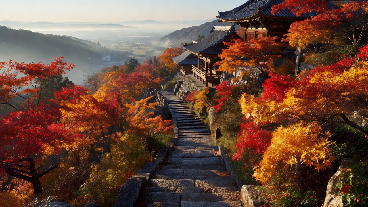 日本山间寺院石阶两侧层叠的黄红枫叶与远处山谷，晨光斜照
