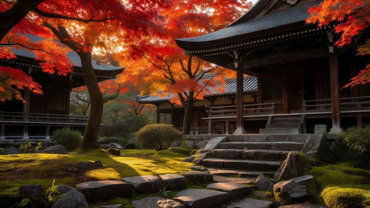 日本寺院庭院中被阳光打透的红枫与深色木构建筑，前景有苔藓与石阶